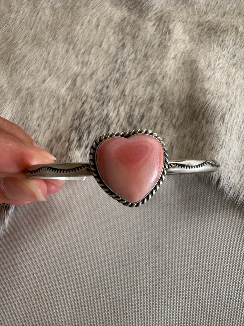 Native American Pink Conch Heart Stone Sterling Bracelet
